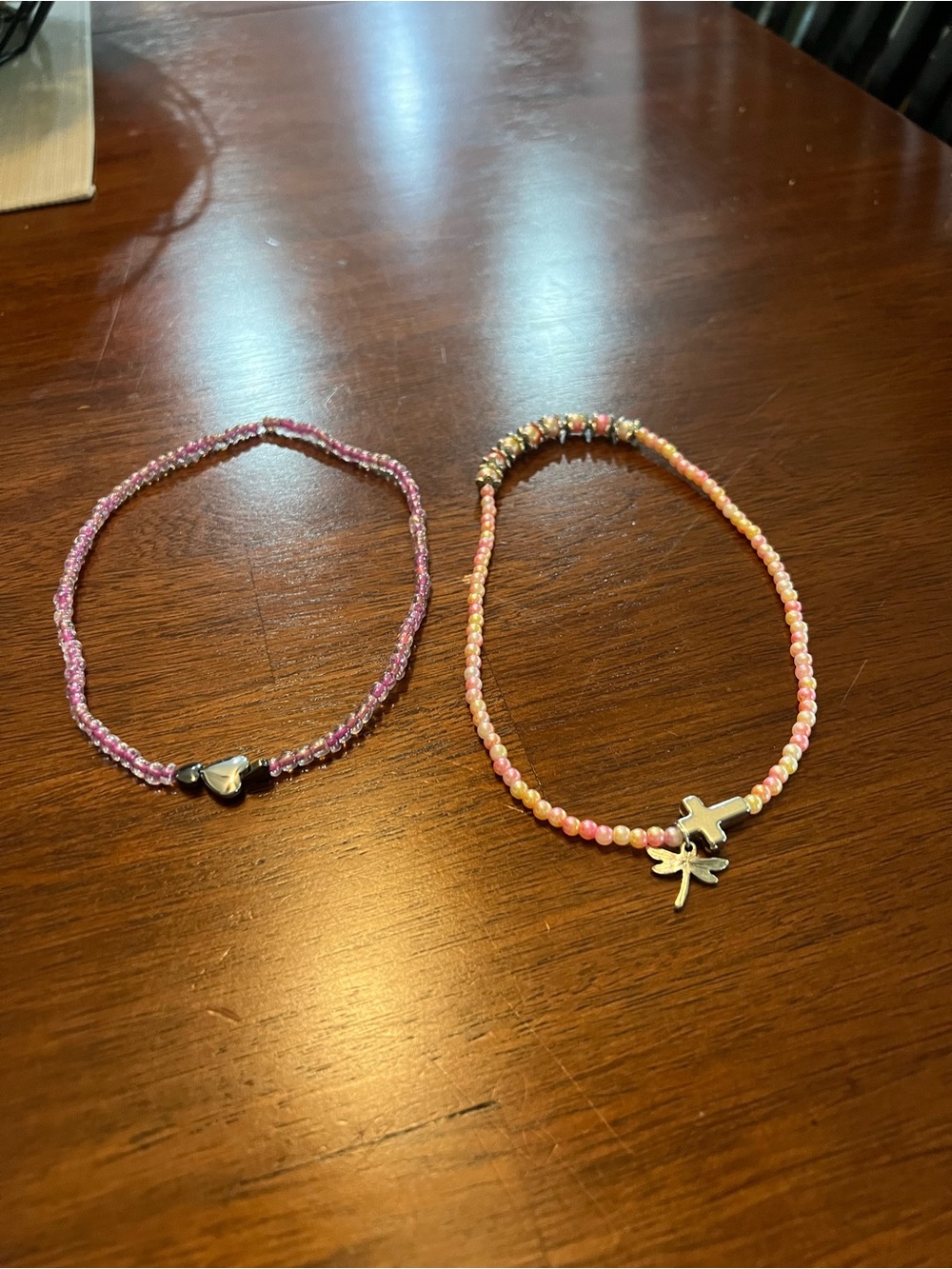 Pink Beaded Charm Necklaces - Heart & Cross Dragonfly Handmade